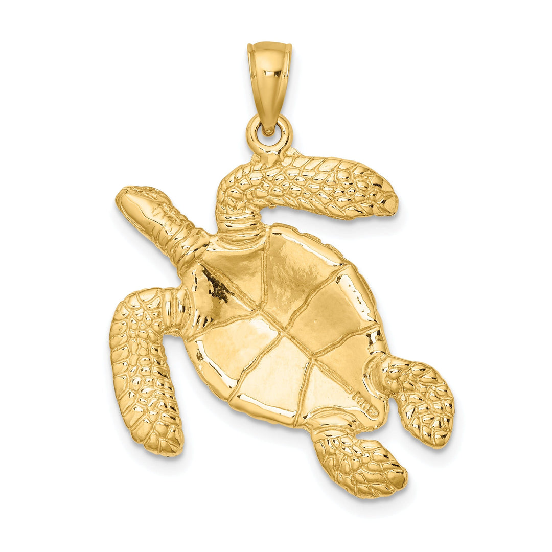 14k Yellow Gold Large Solid Casted Polished and Textured Finish Swimming Sea Turtle Charm Pendant