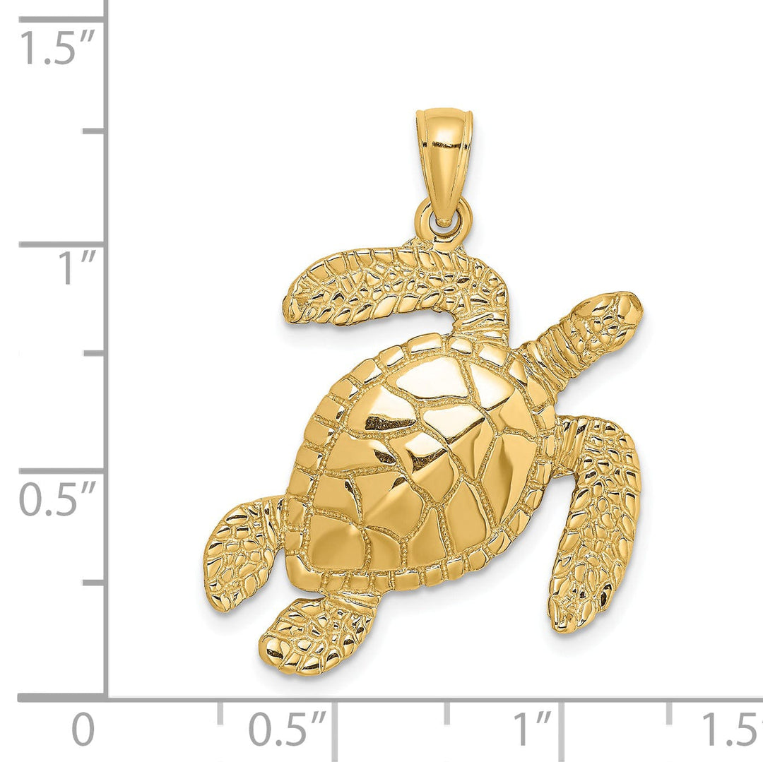 14k Yellow Gold Large Solid Casted Polished and Textured Finish Swimming Sea Turtle Charm Pendant