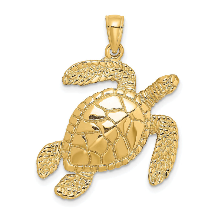 14k Yellow Gold Large Solid Casted Polished and Textured Finish Swimming Sea Turtle Charm Pendant