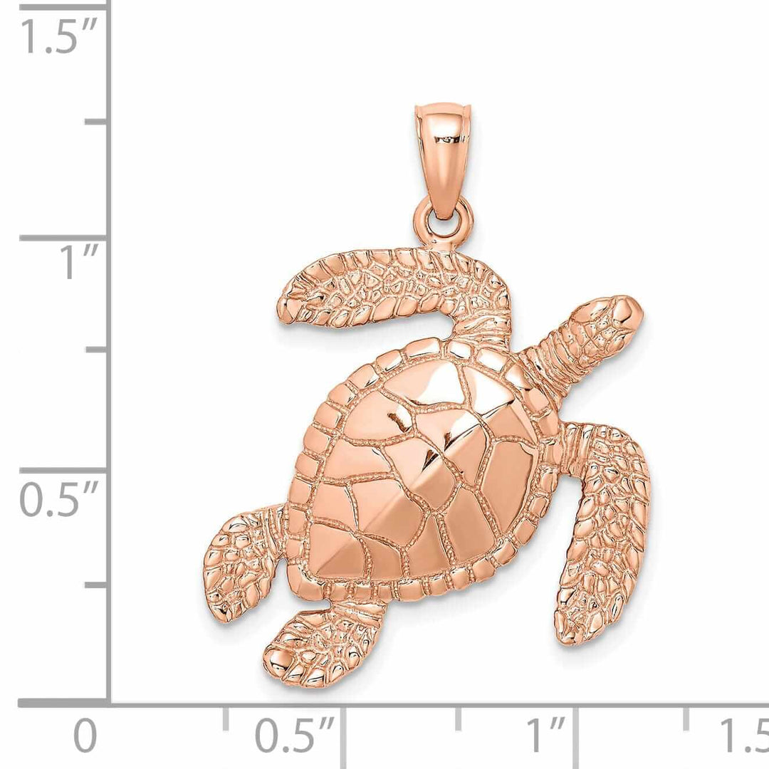 14K Rose Gold Large Solid Casted Polished and Textured Finish Swimming Sea Turtle Charm Pendant