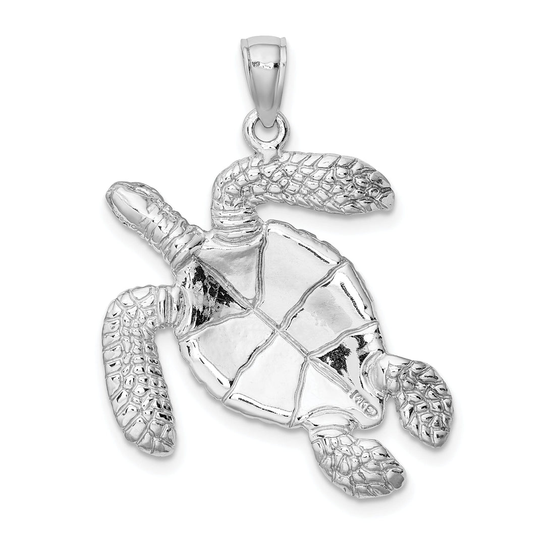 14K White Gold Large Solid Casted Polished and Textured Finish Swimming Sea Turtle Charm Pendant