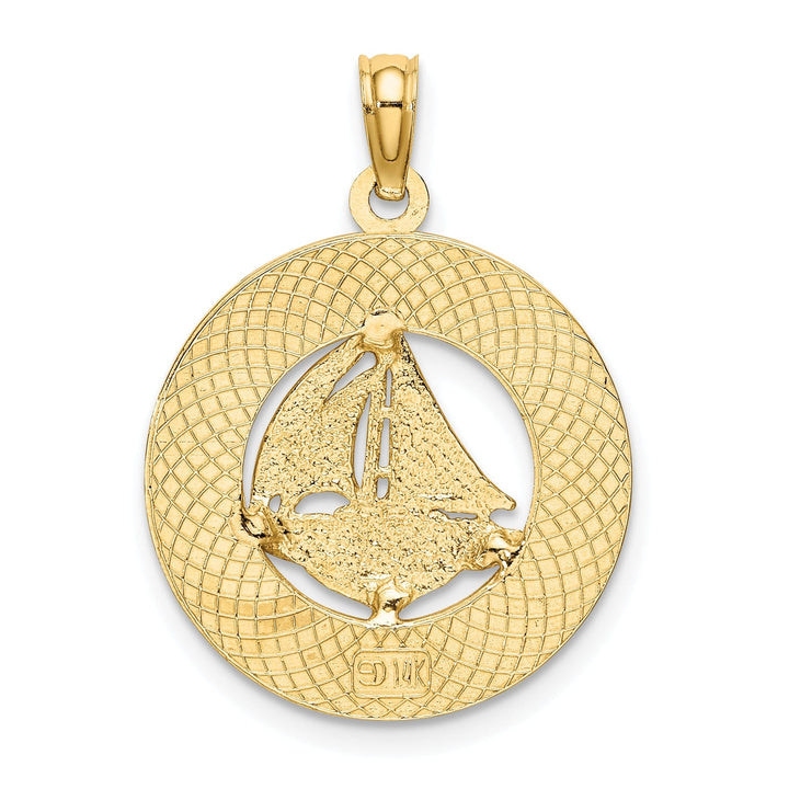 14K Yellow Gold Polished Textured Finish TURKS & CAICOS Circle Design with SailBoat Charm Pendant