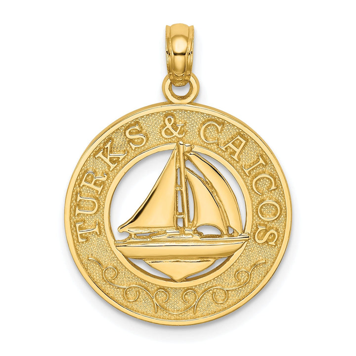 14K Yellow Gold Polished Textured Finish TURKS & CAICOS Circle Design with SailBoat Charm Pendant