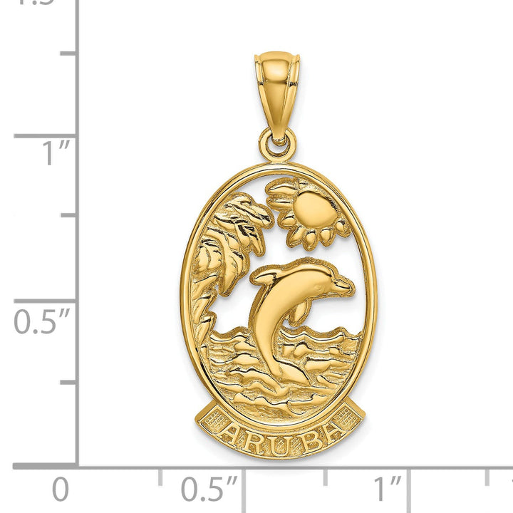 14K Yellow Gold Polished Finish Flat Back ARUBA With Dolphin Sunset Design In Oval Shape Frame Charm Pendant