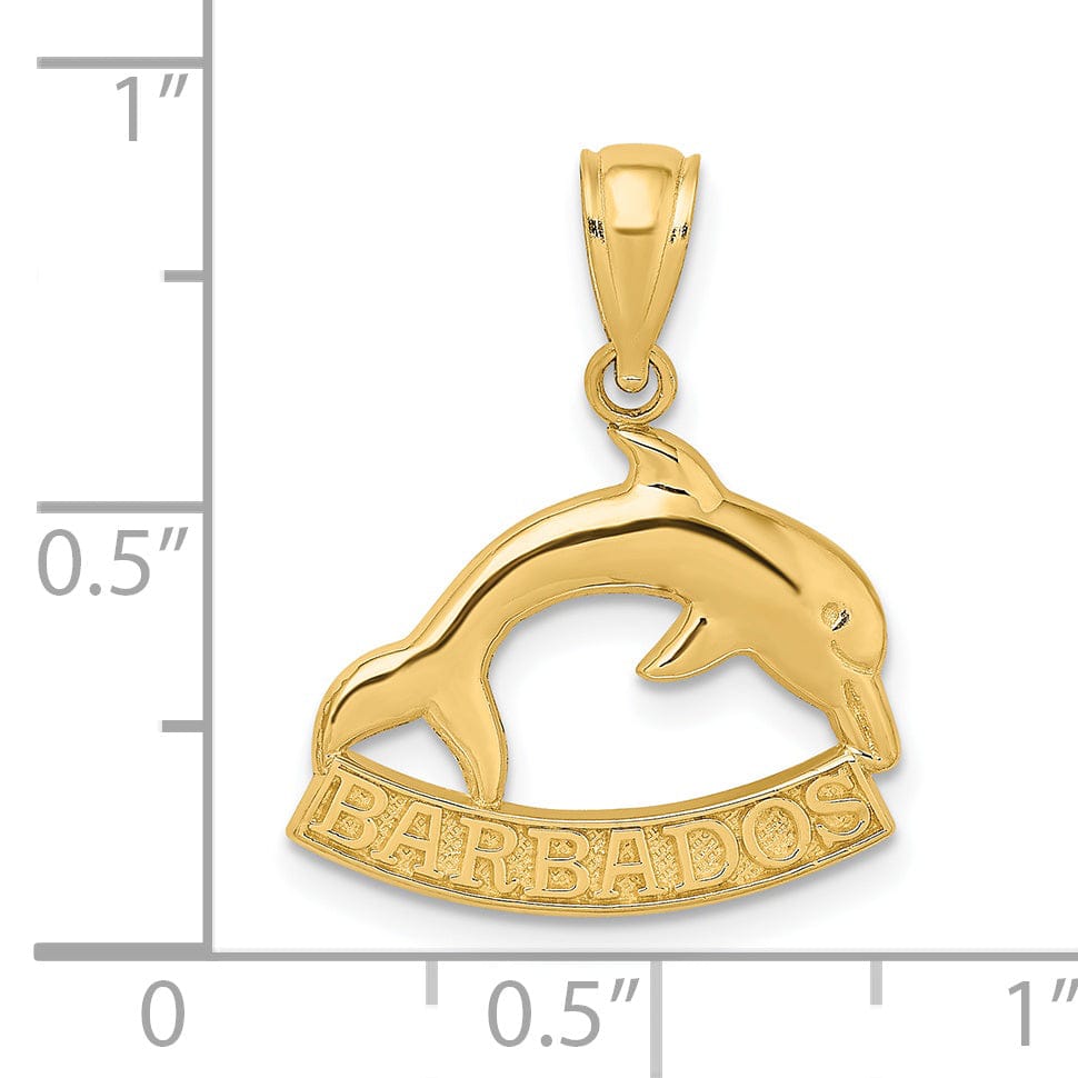 14K Yellow Gold Polished Finish BARBADOS Under Dolphin Design Charm Pendant