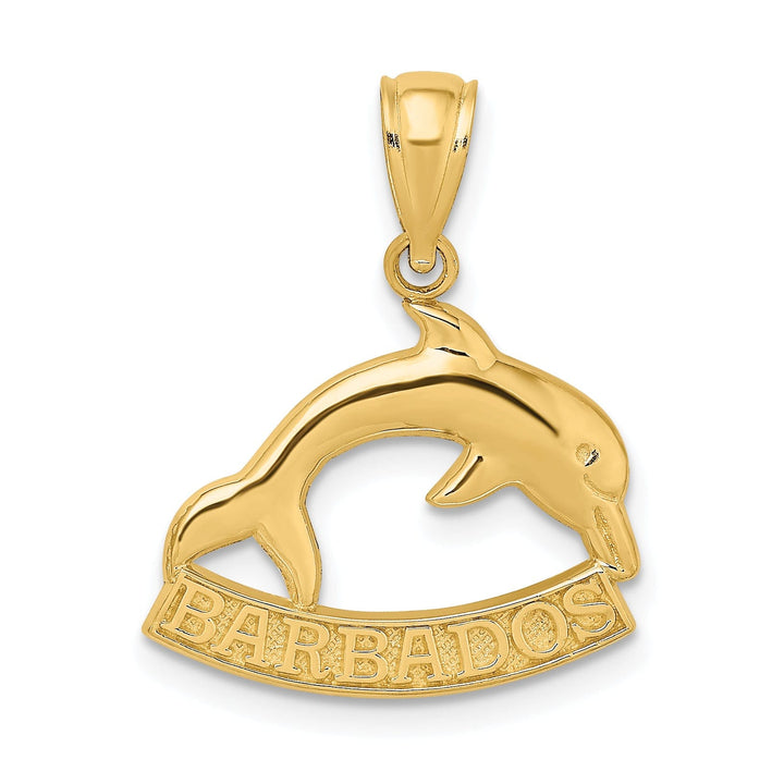 14K Yellow Gold Polished Finish BARBADOS Under Dolphin Design Charm Pendant