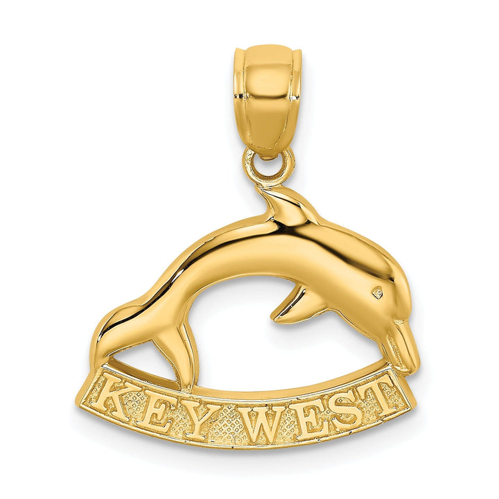 14K Yellow Gold Polished Finish KEY WEST Banner Sign Under Dolphin Charm Pendant