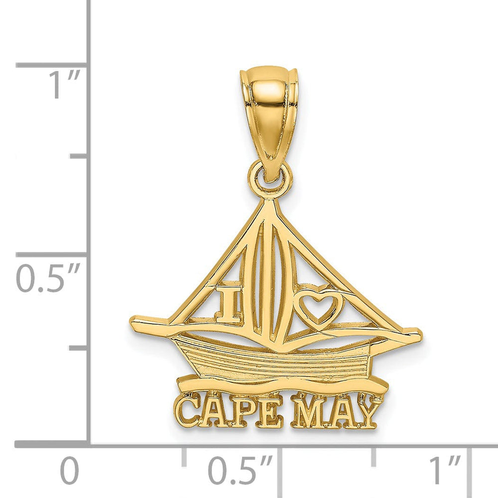 14K Yellow Gold Polished Finish I HEART CAPE MAY with Cut-Out Boat Design Charm Pendant