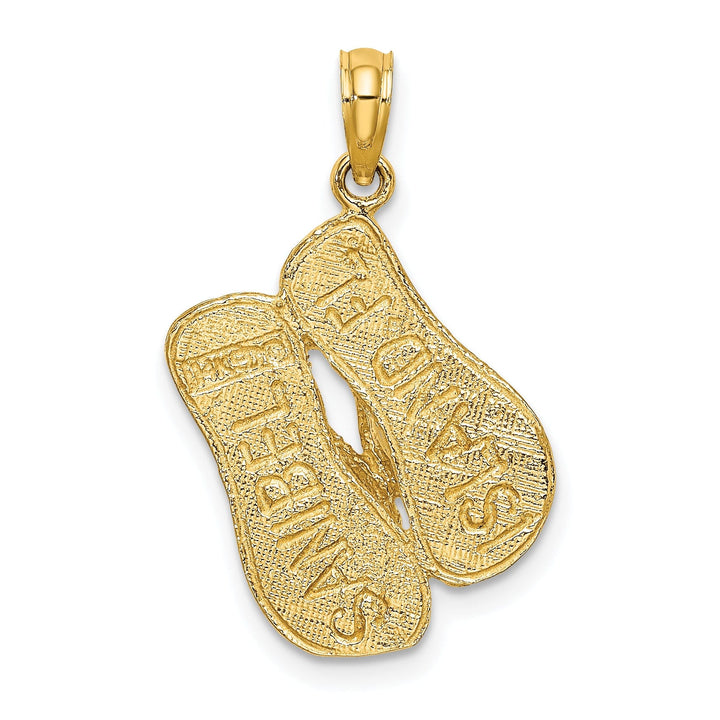 14K Yellow Gold Polished Texture Finish 3-Dimensional Large Size SANIBEL ISLAND Florida Double Flip Flop Sandles Charm Pendant