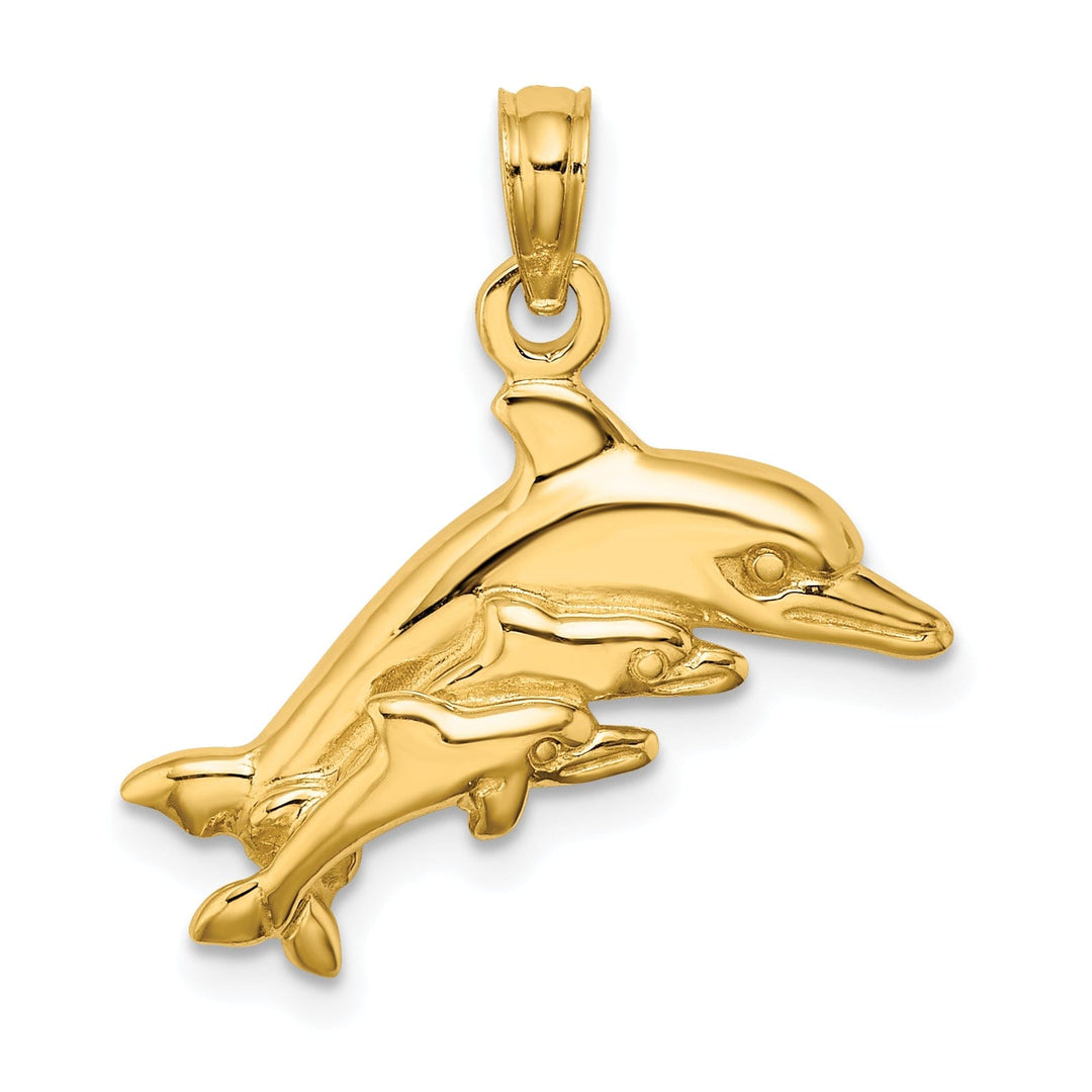 14K Yellow Gold Polished Finish Dolphin with 2 Baby Design Charm Pendant
