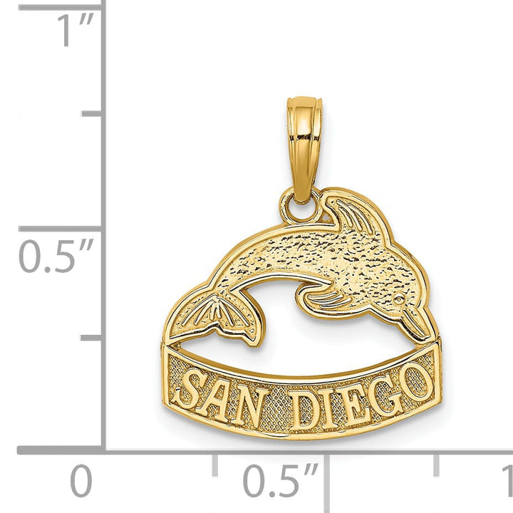 14K Yellow Gold Polished Textured Finish SAN DIEGO Banner Sign Dolphins Charm Pendant