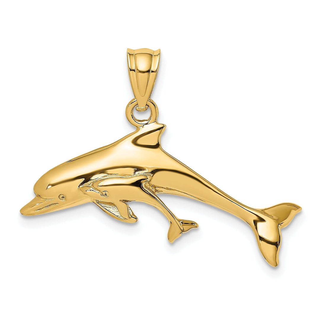 14K Yellow Gold Solid Polished Finish Dolphin with Baby Design Charm Pendant