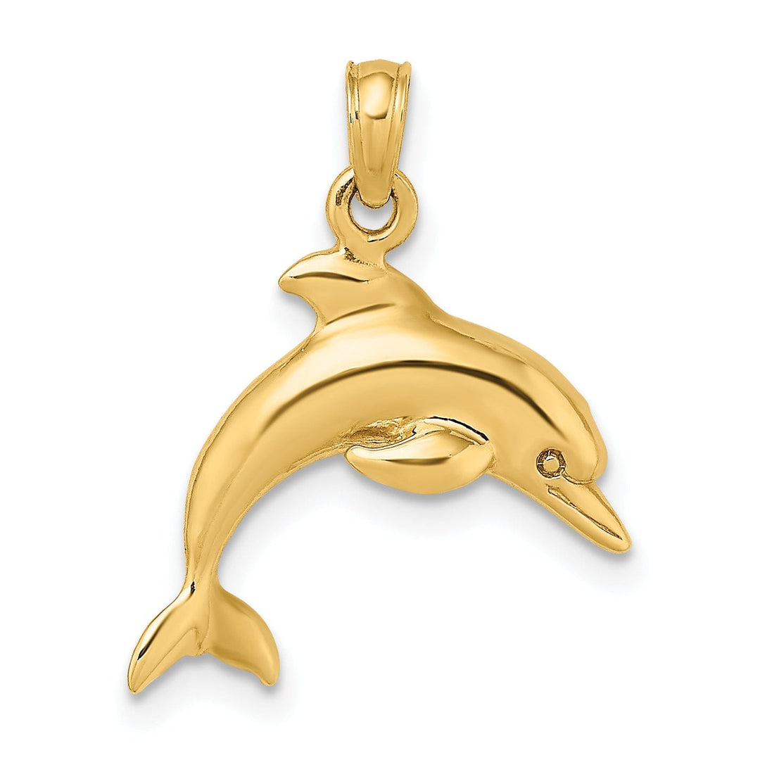 14K Yellow Gold Textured Polished Finish 3-Dimensional Dolphin Jumping Swimming Design Charm Pendant