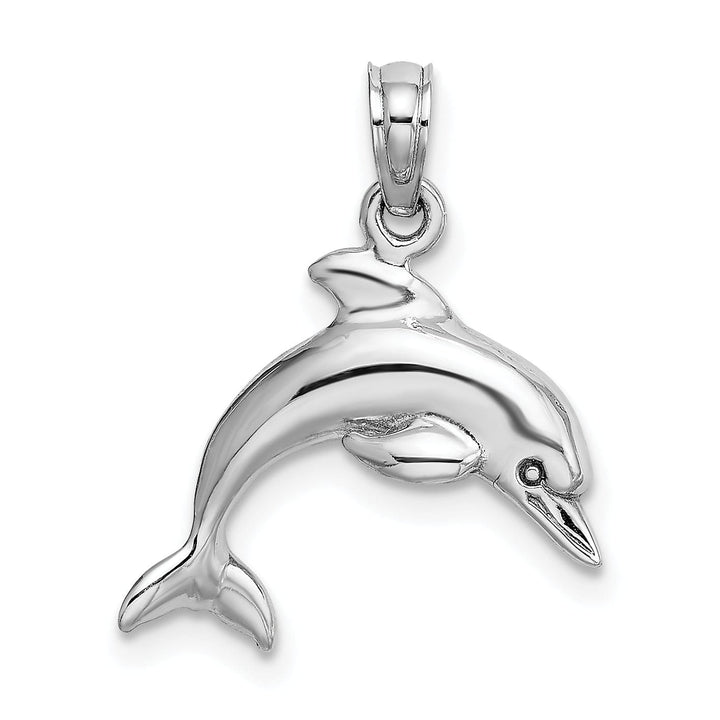 14K White Gold Textured Polished Finish 3-Dimensional Dolphin Jumping Swimming Design Charm Pendant