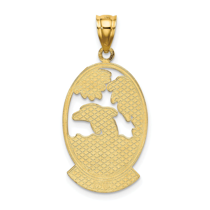 14K Yellow Gold Polished Finish SEA ISLE Dolphin with Sunset Scene Design Oval Shape Charm Pendant