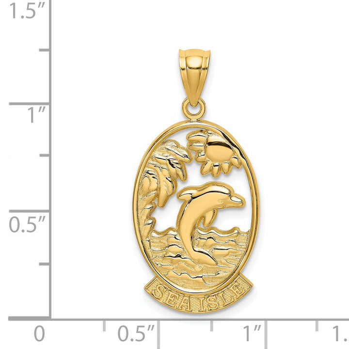 14K Yellow Gold Polished Finish SEA ISLE Dolphin with Sunset Scene Design Oval Shape Charm Pendant