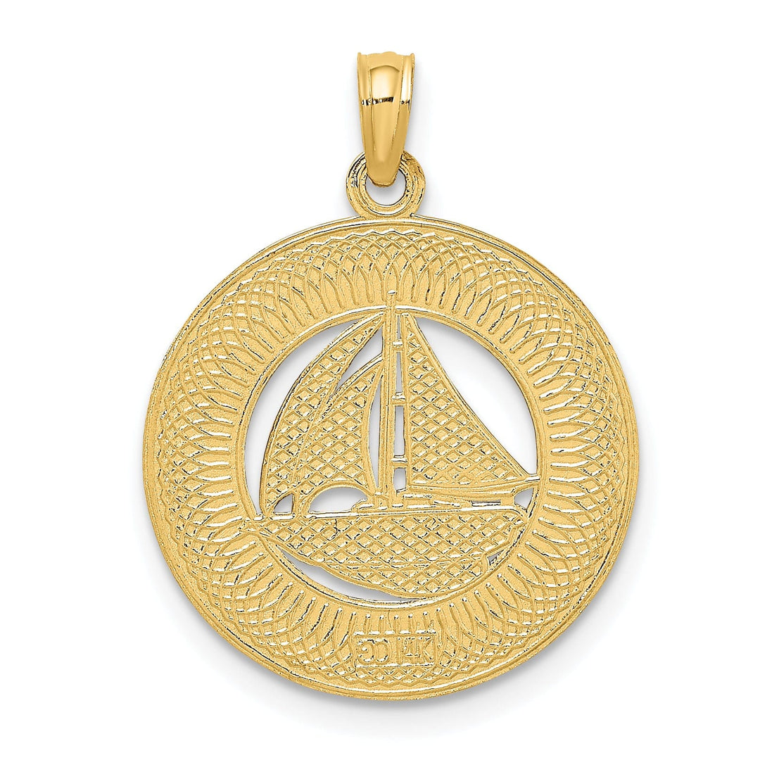 14K Yellow Gold Polished Textured Finish KEY WEST Banner with Sail Boat in Circle Design Charm Pendant