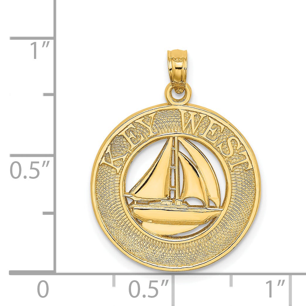 14K Yellow Gold Polished Textured Finish KEY WEST Banner with Sail Boat in Circle Design Charm Pendant