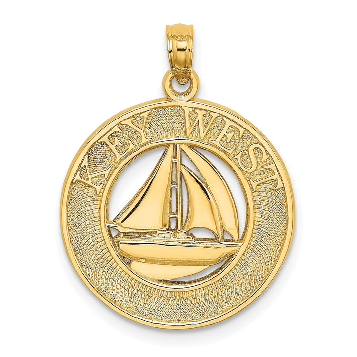 14K Yellow Gold Polished Textured Finish KEY WEST Banner with Sail Boat in Circle Design Charm Pendant