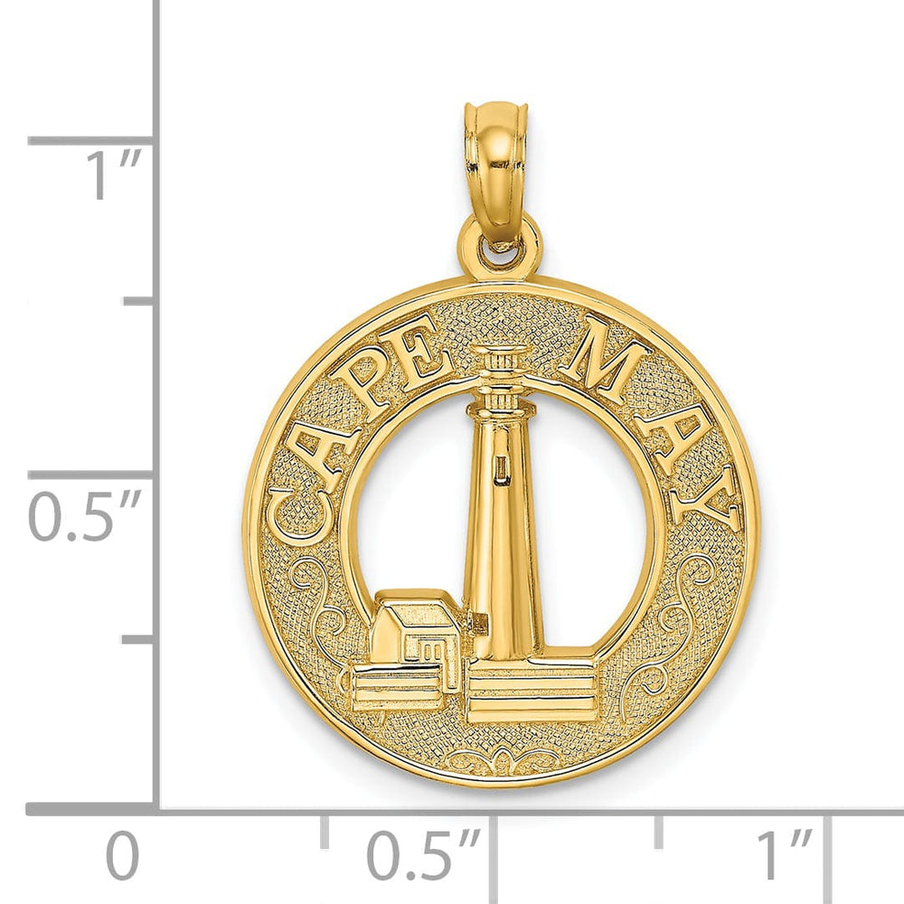 14K Yellow Gold Textured Polished Finish CAPE MAY Lighthouse in Circle Design Charm Pendant
