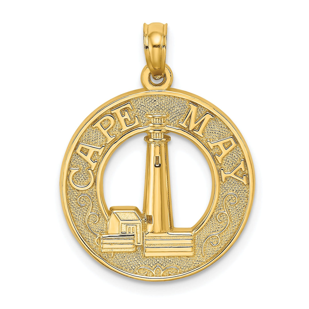14K Yellow Gold Textured Polished Finish CAPE MAY Lighthouse in Circle Design Charm Pendant