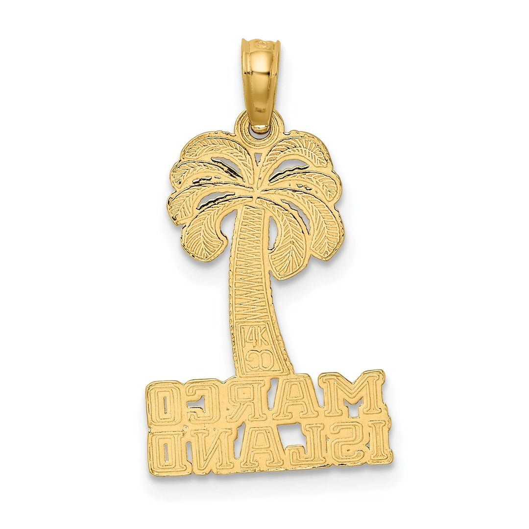 14K Yellow Gold Textured Polished Finish MARCO ISLAND Banner Under Palm Tree Charm Pendant