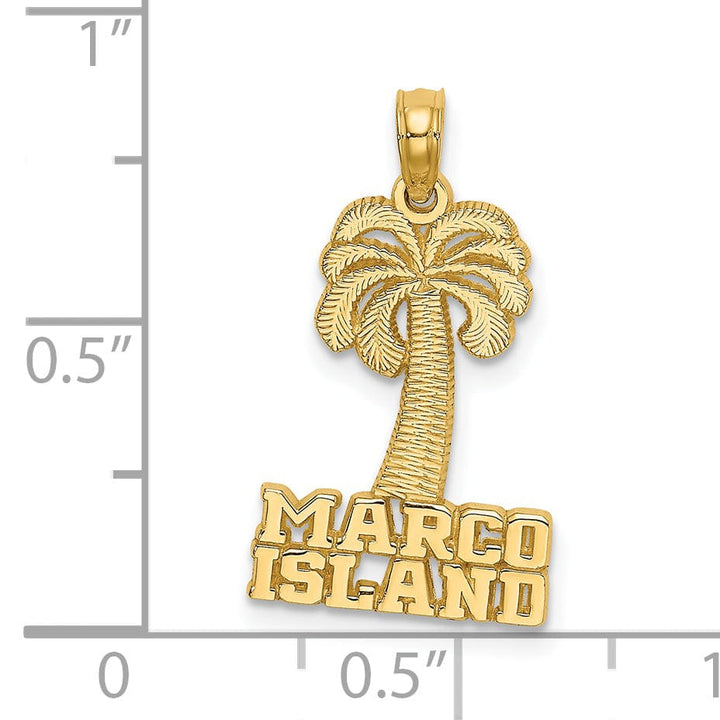 14K Yellow Gold Textured Polished Finish MARCO ISLAND Banner Under Palm Tree Charm Pendant