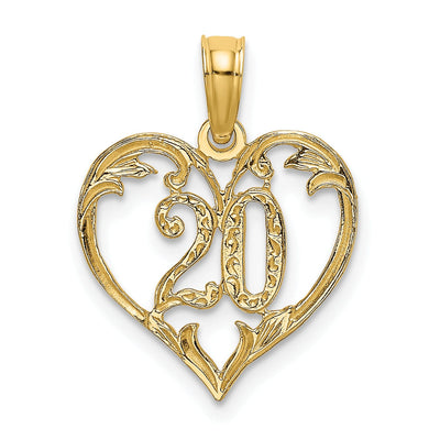 14K Yellow Gold Solid Polished Textured Finish Age 20 In Heart Shape Design Charm Pendant at $ 50 only from Jewelryshopping.com
