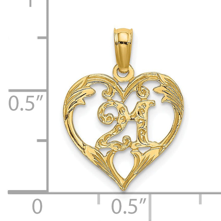 14K Yellow Gold Solid Polished Textured Finish Age 21 In Heart Shape Design Charm Pendant