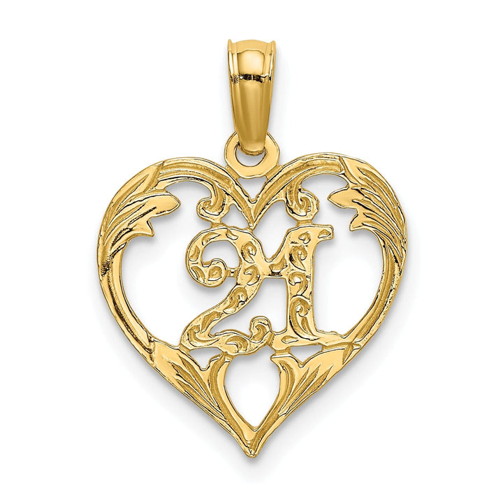 14K Yellow Gold Solid Polished Textured Finish Age 21 In Heart Shape Design Charm Pendant