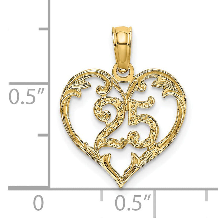 14K Yellow Gold Solid Polished Textured Finish Age 25 In Heart Shape Design Charm Pendant