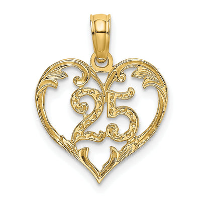 14K Yellow Gold Solid Polished Textured Finish Age 25 In Heart Shape Design Charm Pendant at $ 50.94 only from Jewelryshopping.com