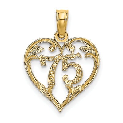 14K Yellow Gold Solid Polished Textured Finish Age 75 In Heart Shape Design Charm Pendant at $ 54.71 only from Jewelryshopping.com