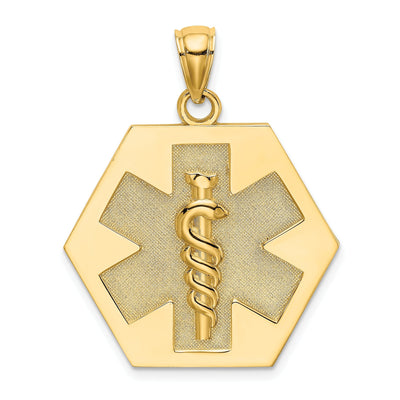 14K Yellow Gold Textured Back Polished Finish Caduceus Medical Disc Hexagon Shape Charm Pendant