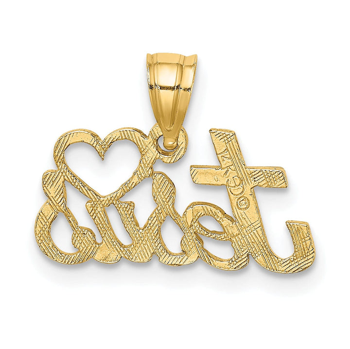 14K Yellow Gold Texture Polished LOVE JESUS Script with Heart Pendant