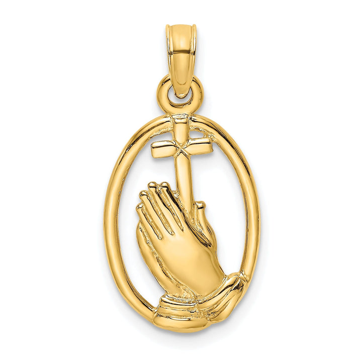 14K Yellow Gold Praying Hands holding Cross In Oval Design Pendant