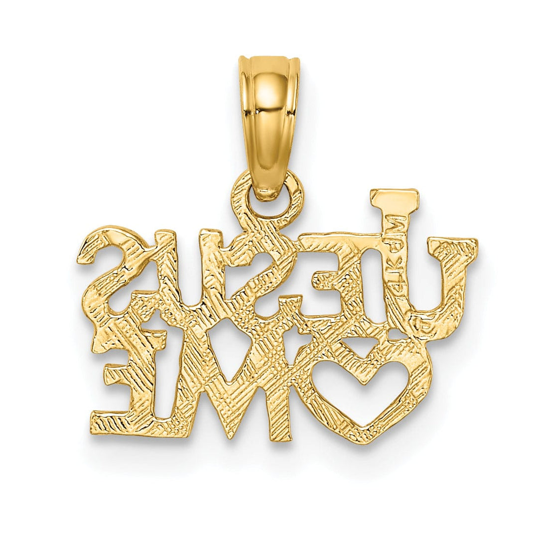 14K Yellow Gold Texture Polished JESUS ME Script with Heart Pendant