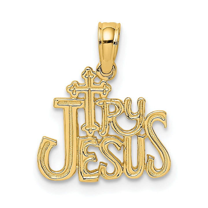 14K Yellow Gold Texture Polished Try JESUS Script with Cross Pendant