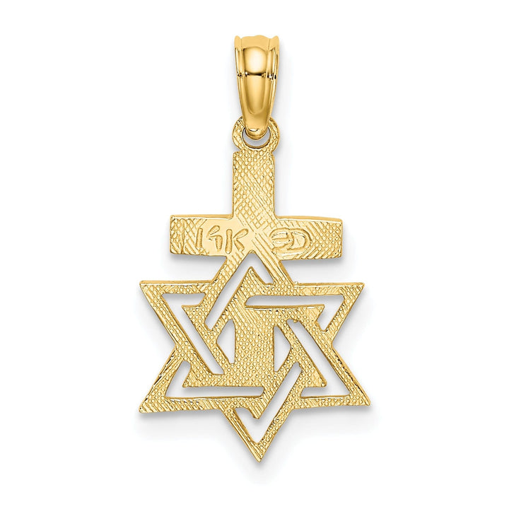 14K Yellow Gold Polish Texture Finish Star Of David and Cross Pendant