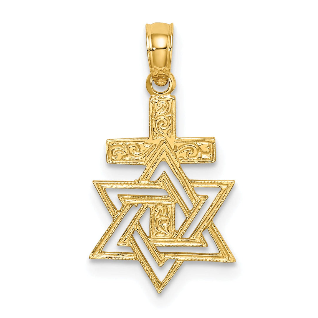 14K Yellow Gold Polish Texture Finish Star Of David and Cross Pendant