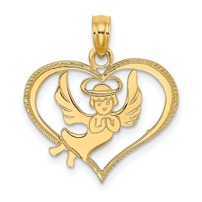 14K Yellow Gold Polished Finish Flat Back Angel In Heart Pendant