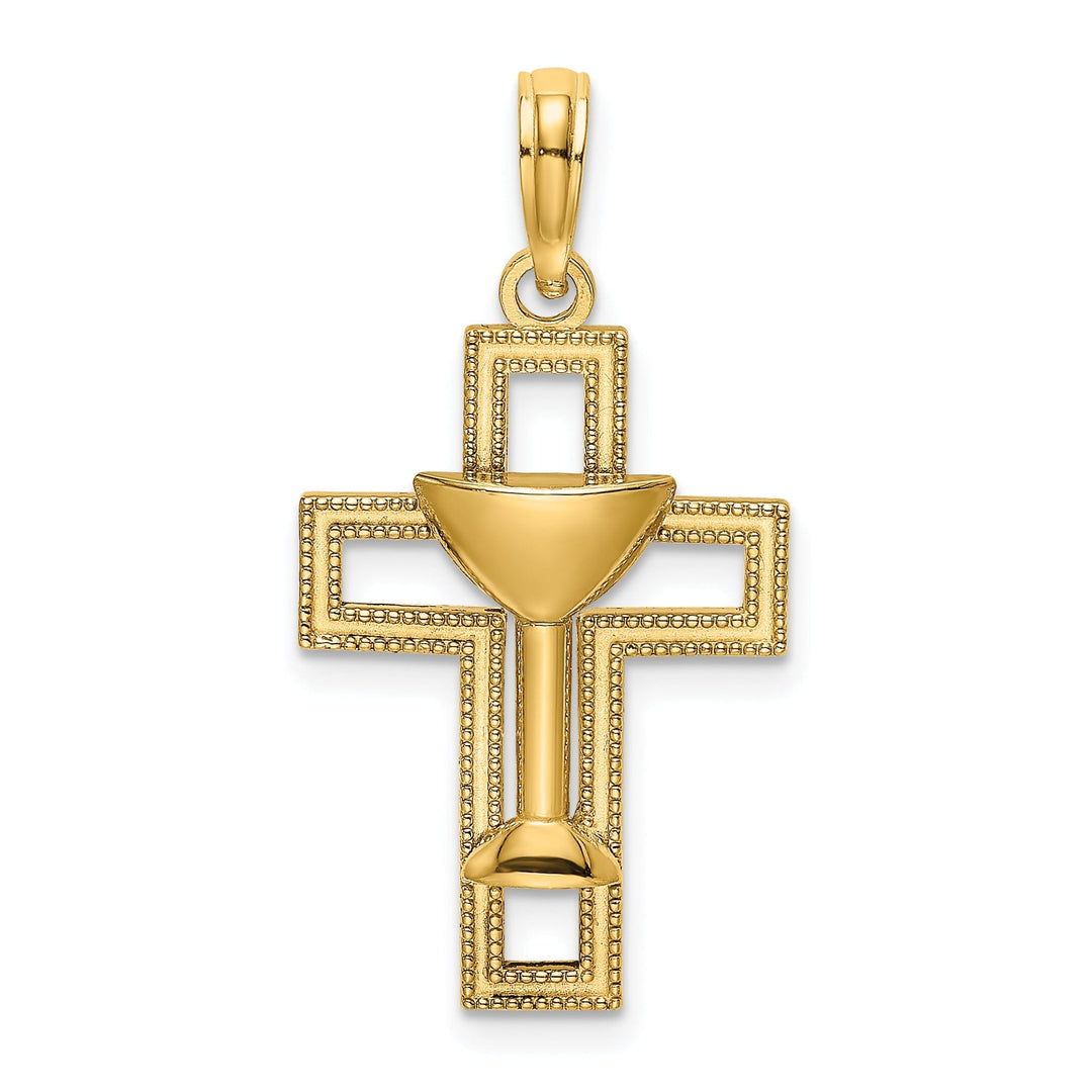 14K Yellow Gold Polished Texture Cross Communion Chalice Cup Pendant