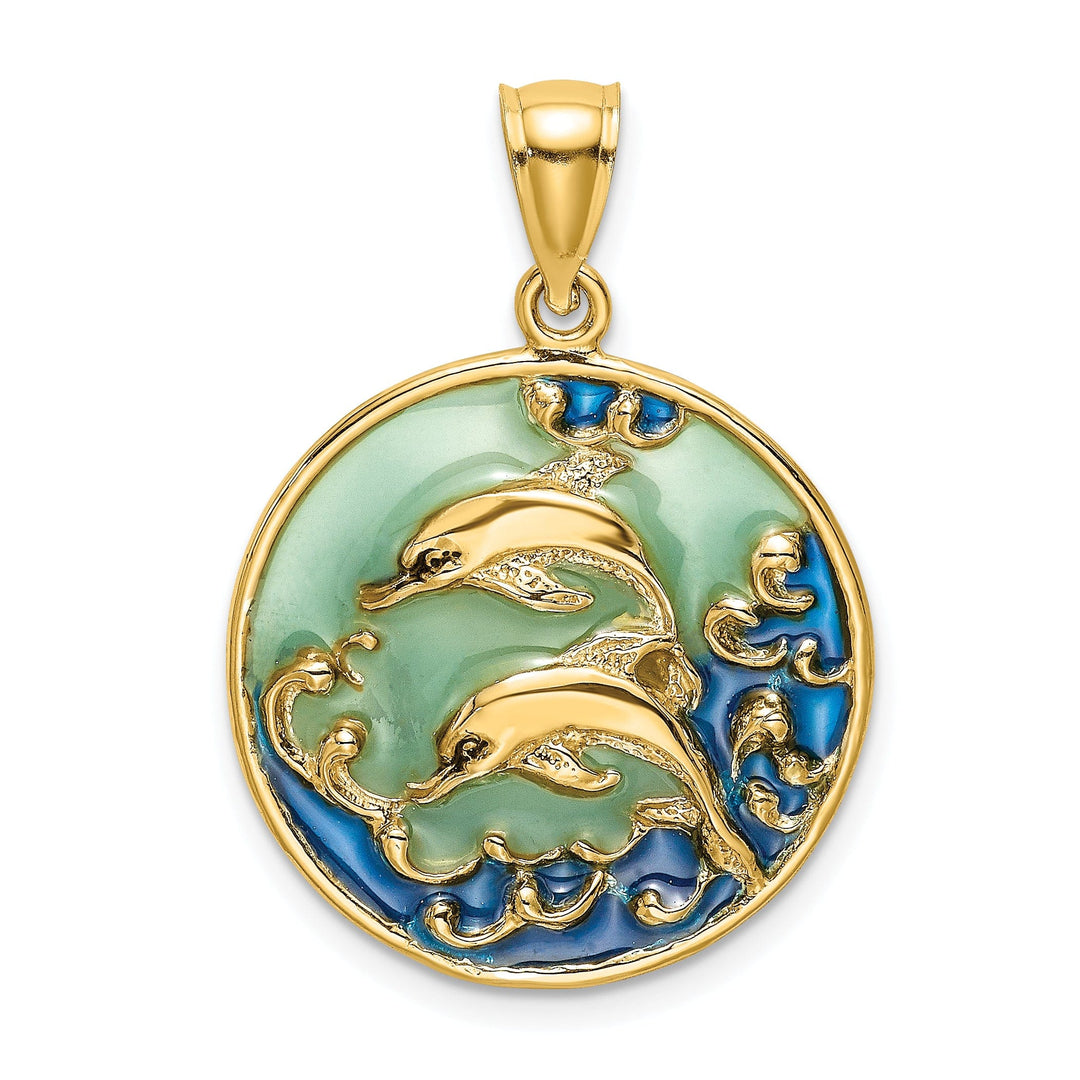 14K Yellow Gold Polished Blue Green Enameled Finish Two Dolphins Swimming Design Charm Pendant