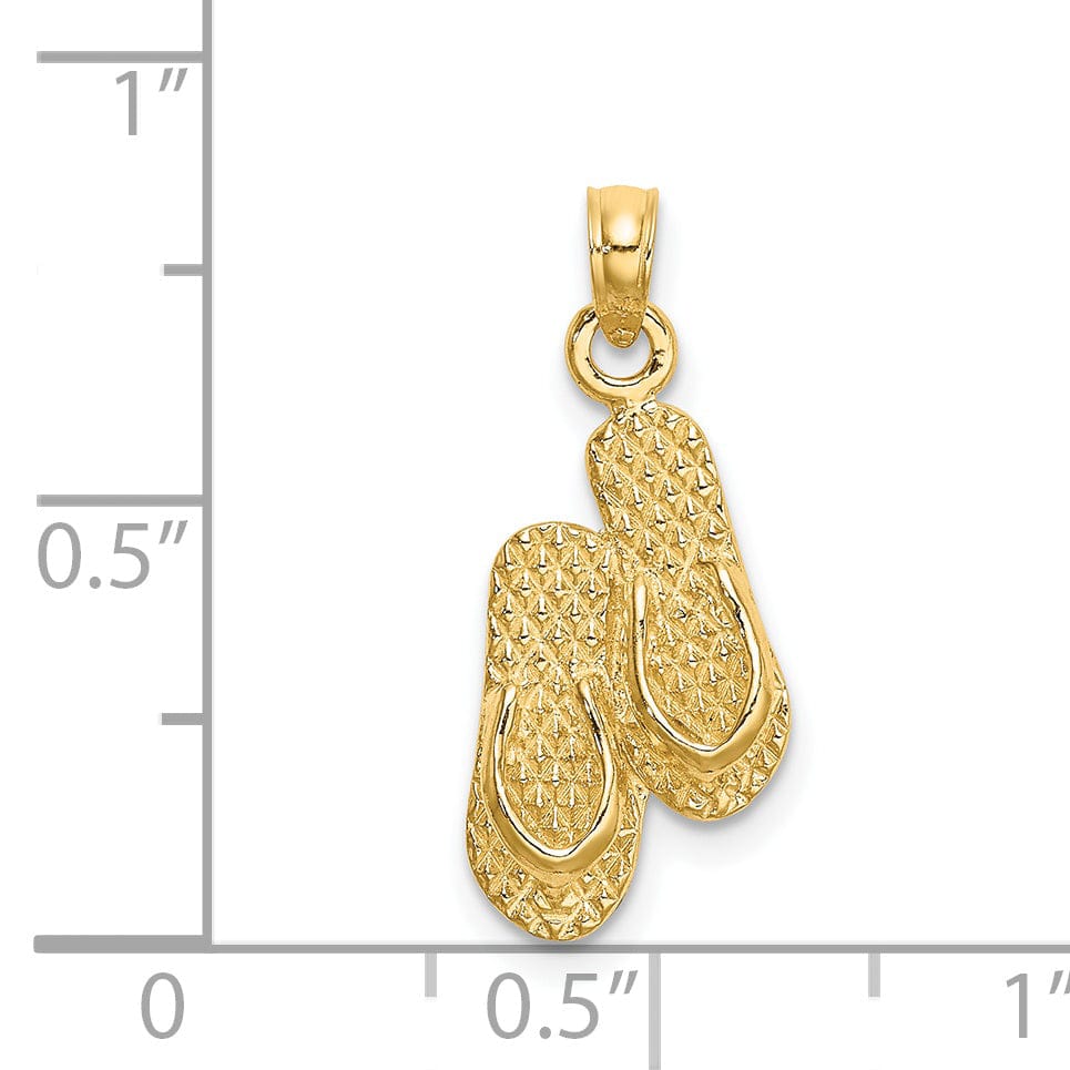 14K Yellow Gold Polished Textured Finish 3-Dimensional Reversible KEY WEST Bannner Double Flip Flop Sandles Charm Pendant