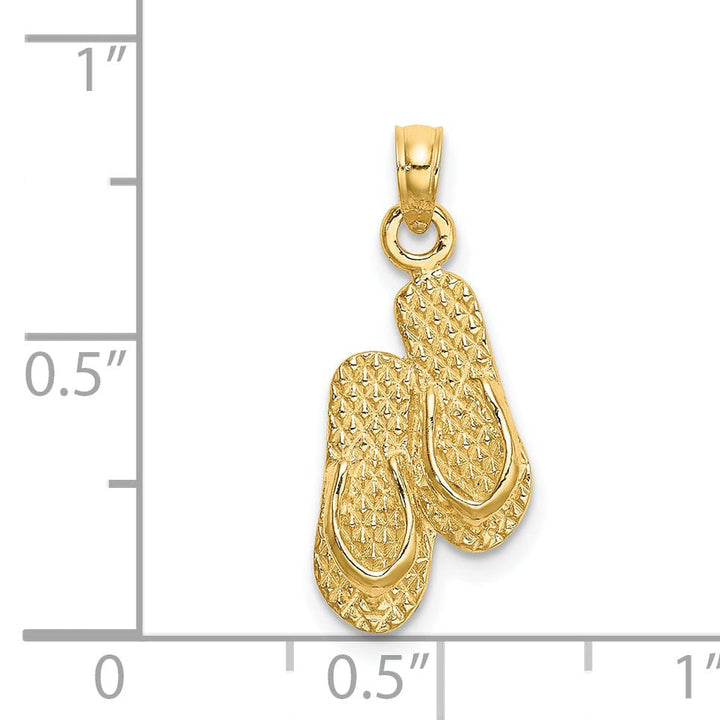 14K Yellow Gold Polished Textured Finish 3-Dimensional Reversible KEY WEST Bannner Double Flip Flop Sandles Charm Pendant