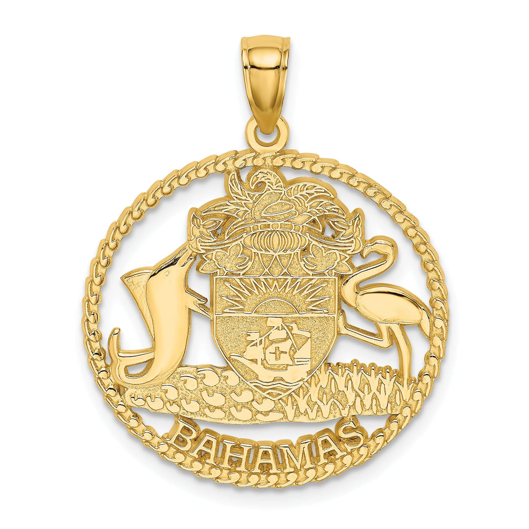 14K Yellow Gold Polished Textured Finish BAHAMAS Crest In Round Frame Design Charm Pendant