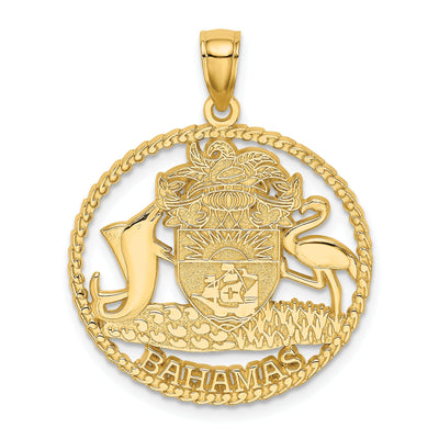 14K Yellow Gold Polished Textured Finish BAHAMAS Crest In Round Frame Design Charm Pendant at $ 247.32 only from Jewelryshopping.com