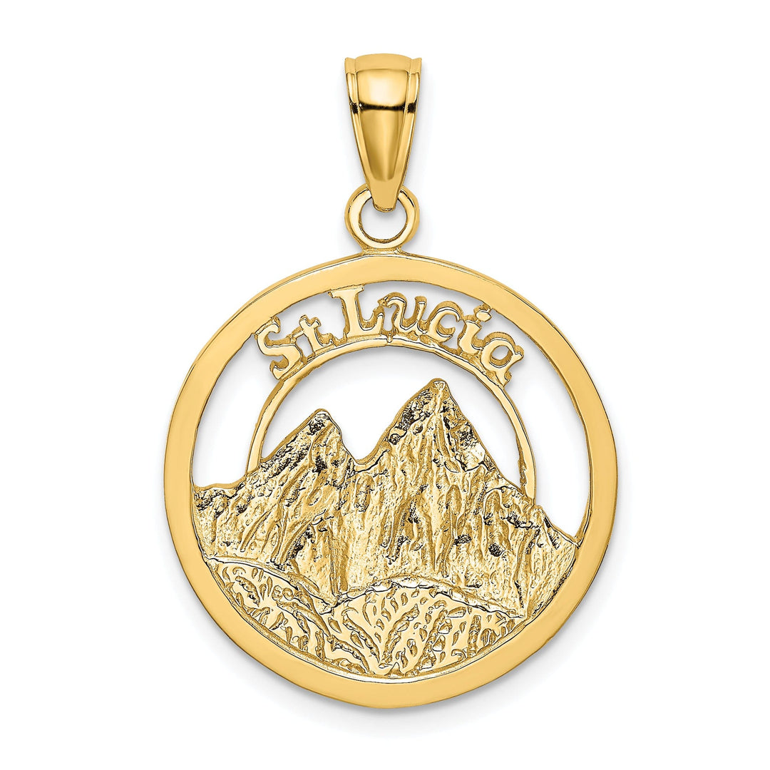 14K Yellow Gold Tectured Polished Finish of ST. LUCIA Twin Peaks Pitons Mountains Charm Pendant