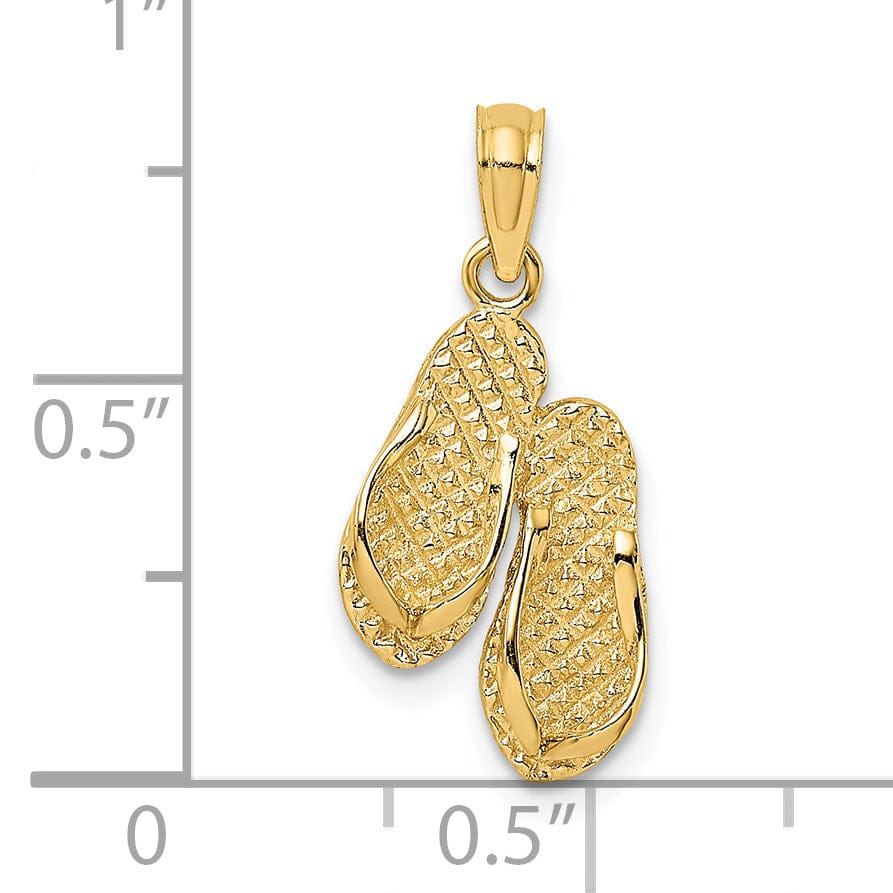 14K Yellow Gold Polished Textured Finish 3-Dimensional CAPE MAY Double Flip-flop Sandles Charm Pendant