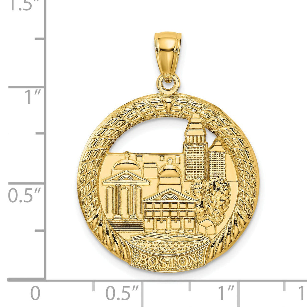 14K Yellow Gold Polished Textured Finish BOSTON Town Scene Round Shape Design Charm Pendant